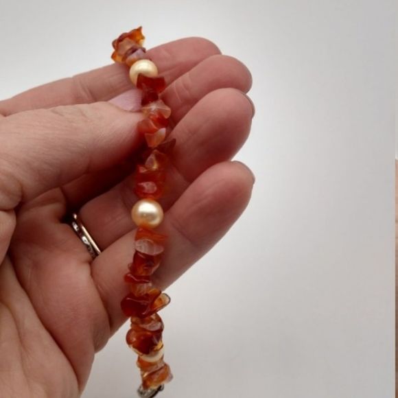 Vintage Sterling Silver Carnelian Pearl Bracelet 1403 - Picture 2 of 8